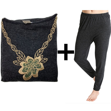 2pcs Set Womens Merino Wool Blend Pants & Top Underwear Leggings Thermal Thermals - Black - 18-20