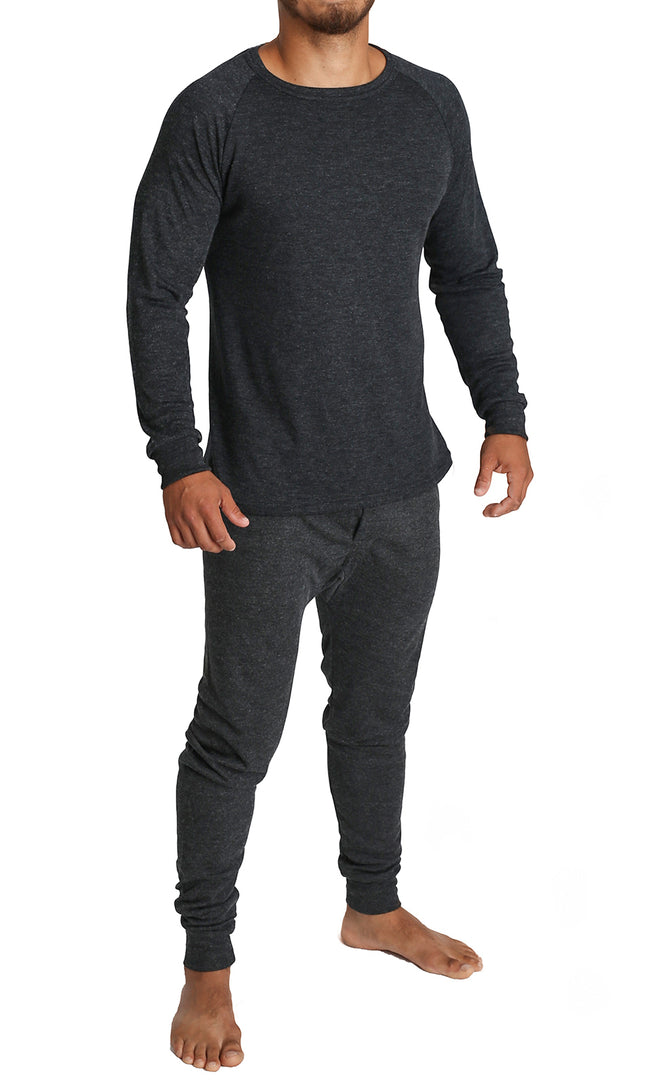 2pcs Set Mens Merino Wool Blend Long Sleeve Thermal Top & Long Johns Pants Underwear - Black - L