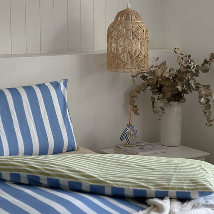 100% Cotton Duvet Quilt Cover Set w/ 2 Pillow Cases in Reversible Blue/Green/White Stripe - Single