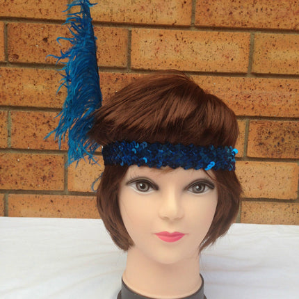 6x 1920s FLAPPER HEADBAND Headpiece Feather Sequin Charleston Costume Party BULK - Blue