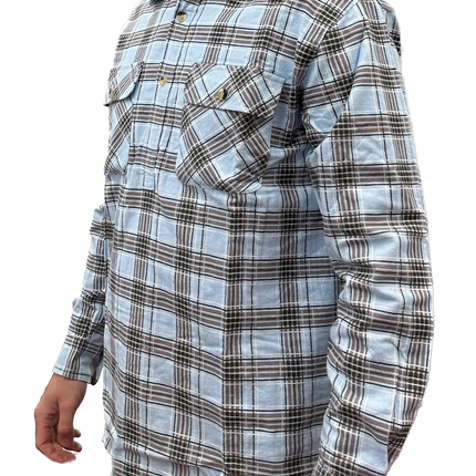 Mens Flannelette Long Sleeve Pullover Shirt 100% Cotton Flannel - Half Placket - Sky Blue/Grey Check - M