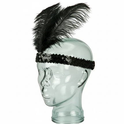 1920s FLAPPER HEADBAND Headpiece Feather Sequin Charleston Costume Gatsby Dance - Black