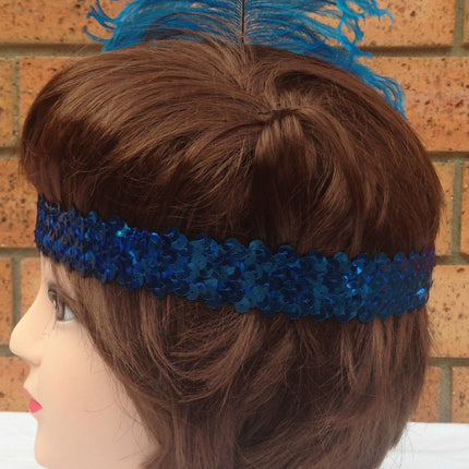 1920s FLAPPER HEADBAND Headpiece Feather Sequin Charleston Costume Gatsby Dance - Blue