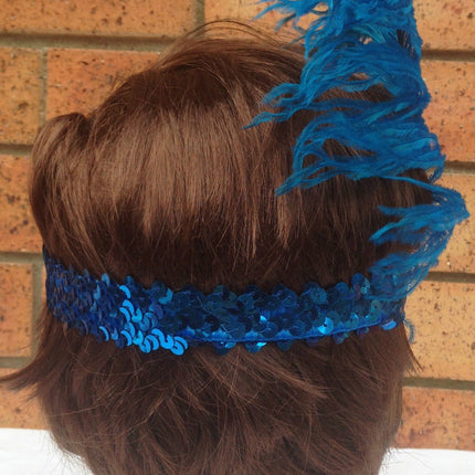 1920s FLAPPER HEADBAND Headpiece Feather Sequin Charleston Costume Gatsby Dance - Blue
