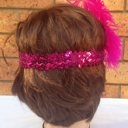 1920s FLAPPER HEADBAND Headpiece Feather Sequin Charleston Costume Gatsby Dance - Hot Pink