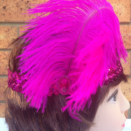 1920s FLAPPER HEADBAND Headpiece Feather Sequin Charleston Costume Gatsby Dance - Hot Pink