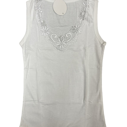 Ladies Sleeveless Singlet Top Womens Summer Basic Tank Shirt Lace Motif Front - Natural - 18-20