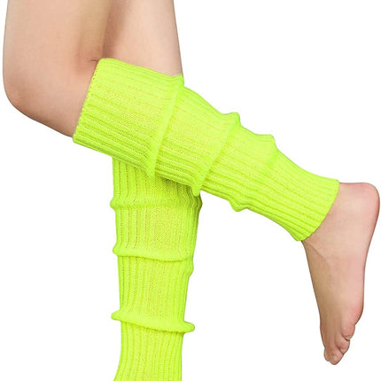 Pair of Womens Leg Warmers Disco Winter Knit Dance Party Crochet Legging Socks Costume - Fluro Yellow