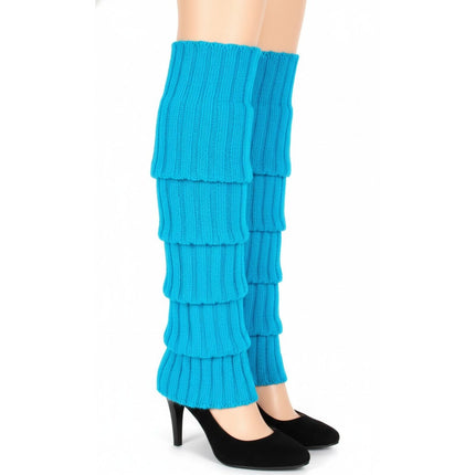 Pair of Womens Leg Warmers Disco Winter Knit Dance Party Crochet Legging Socks Costume - Topaz Blue