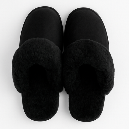 Sheepskin Wool Womens Slippers Scuffs Slip On Winter Ugg Slippers in Black - 7