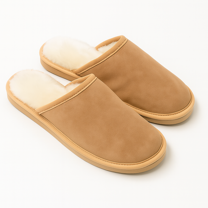 Sheepskin Wool Mens Slippers Scuffs Slip On Winter Ugg Slippers in Chestnut - 8