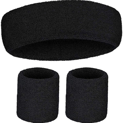 WRISTBAND & HEADBAND SET Tennis Terry Towelling Cotton Sweat Band Team Gym  - Black