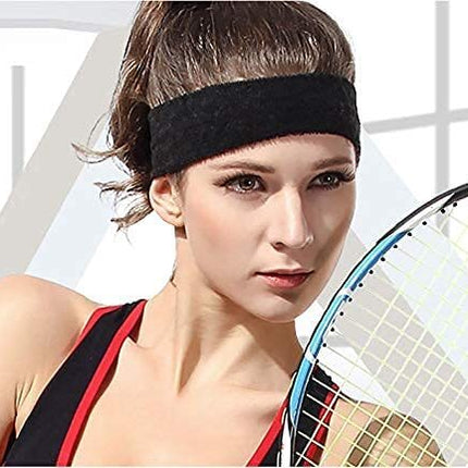 WRISTBAND & HEADBAND SET Tennis Terry Towelling Cotton Sweat Band Team Gym  - Black