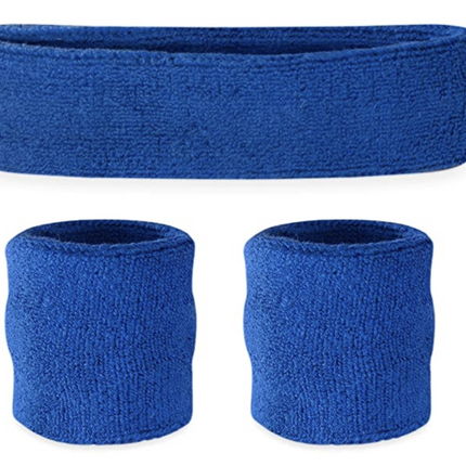 WRISTBAND & HEADBAND SET Tennis Terry Towelling Cotton Sweat Band Team Gym  - Blue