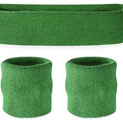 WRISTBAND & HEADBAND SET Tennis Terry Towelling Cotton Sweat Band Team Gym  - Green