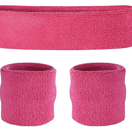 WRISTBAND & HEADBAND SET Tennis Terry Towelling Cotton Sweat Band Team Gym  - Hot Pink