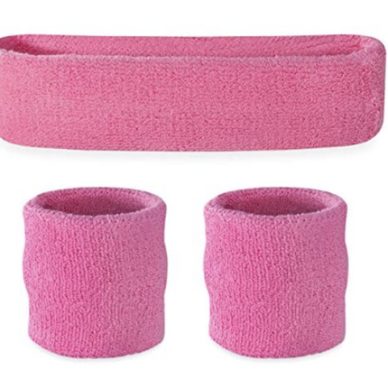 WRISTBAND & HEADBAND SET Tennis Terry Towelling Cotton Sweat Band Team Gym  - Light Pink