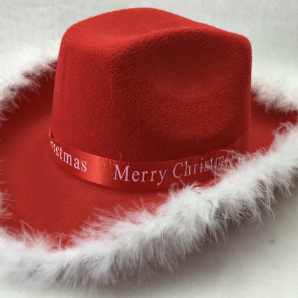 CHRISTMAS HAT Wide Brim Santa Xmas Party Costume Cowboy Fedora Red Fur Cap