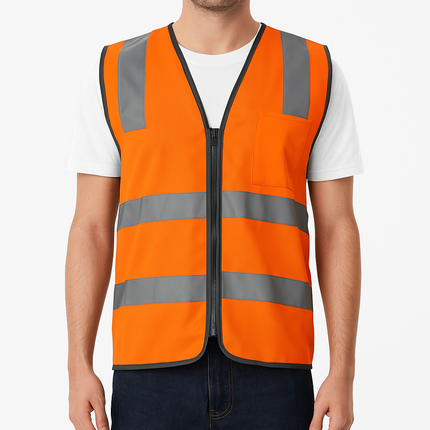 Hi Vis Safety Vest Reflective Tape Zip Up Workwear Pocket High Visibility in Orange - XL