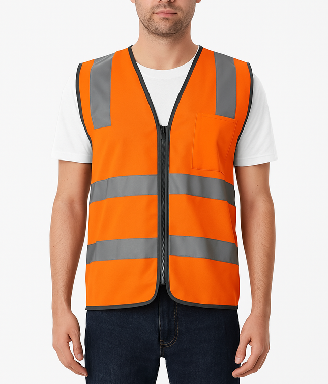 Hi Vis Safety Vest Reflective Tape Zip Up Workwear Pocket High Visibility in Orange - XXL