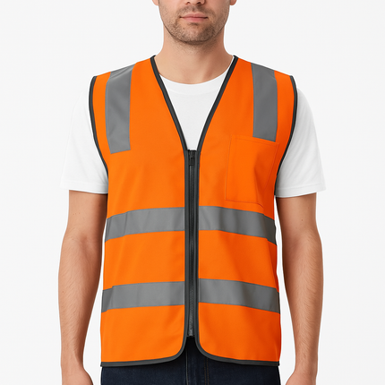 Hi Vis Safety Vest Reflective Tape Zip Up Workwear Pocket High Visibility in Orange - XXL