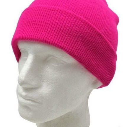 PLAIN FLURO BEANIE Hi Vis Unisex Winter Warm Hat Ski Party Costume Cap Knit - Fluro Pink