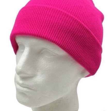 PLAIN FLURO BEANIE Hi Vis Unisex Winter Warm Hat Ski Party Costume Cap Knit - Fluro Pink