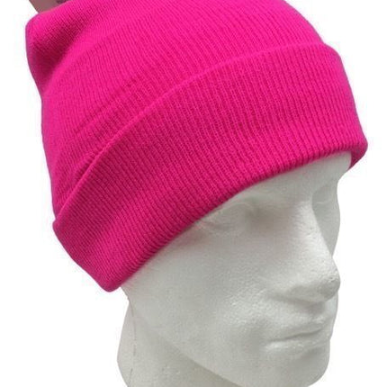 PLAIN FLURO BEANIE Hi Vis Unisex Winter Warm Hat Ski Party Costume Cap Knit - Fluro Pink