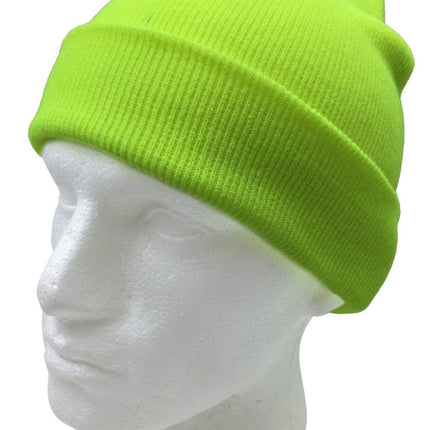 PLAIN FLURO BEANIE Hi Vis Unisex Winter Warm Hat Ski Party Costume Cap Knit - Fluro Yellow