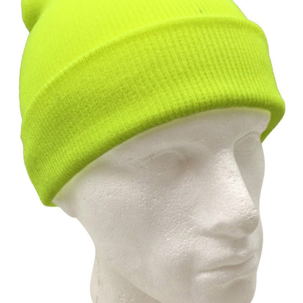 PLAIN FLURO BEANIE Hi Vis Unisex Winter Warm Hat Ski Party Costume Cap Knit - Fluro Yellow