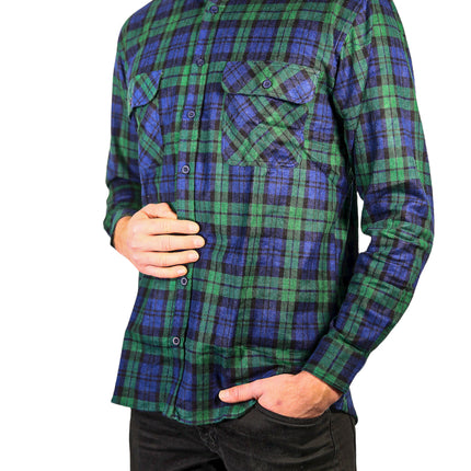 Mens Flannelette Long Sleeve Shirt 100% Cotton Check Authentic Flannel - Full Placket - Green - L