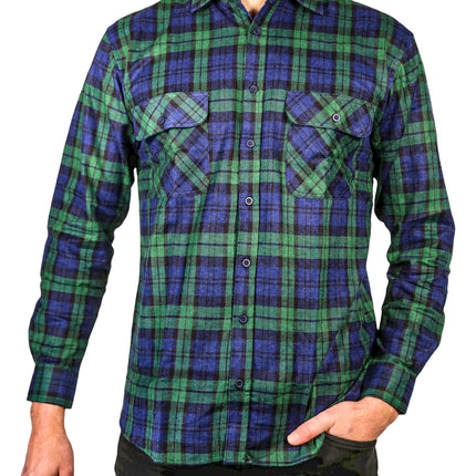 Mens Flannelette Long Sleeve Shirt 100% Cotton Check Authentic Flannel - Full Placket - Green - M