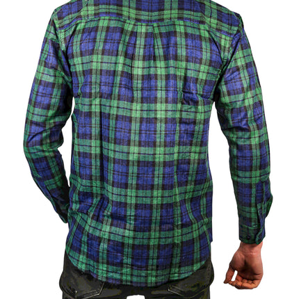 Mens Flannelette Long Sleeve Shirt 100% Cotton Check Authentic Flannel - Full Placket - Green - M