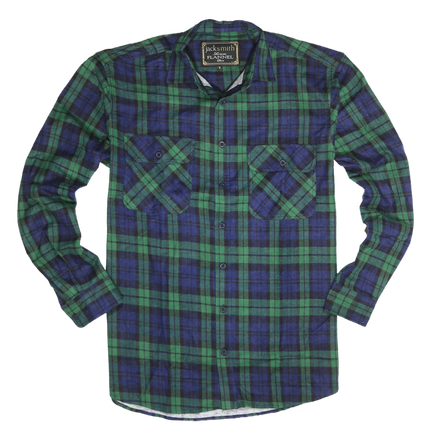 Mens Flannelette Long Sleeve Shirt 100% Cotton Check Authentic Flannel - Full Placket - Green - M