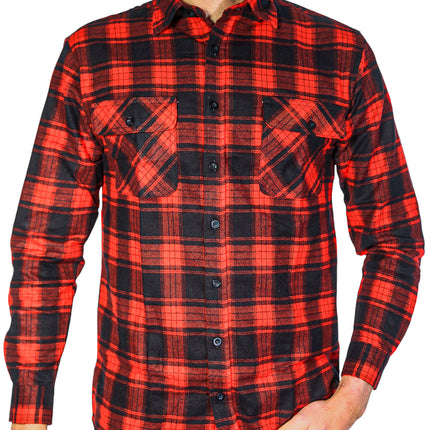 Mens Flannelette Long Sleeve Shirt 100% Cotton Check Authentic Flannel - Full Placket - Red - 4XL
