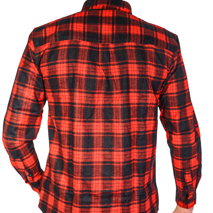Mens Flannelette Long Sleeve Shirt 100% Cotton Check Authentic Flannel - Full Placket - Red - M
