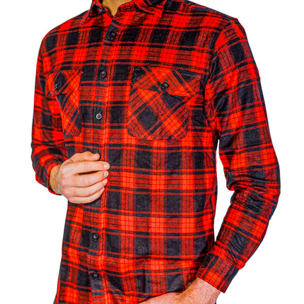Mens Flannelette Long Sleeve Shirt 100% Cotton Check Authentic Flannel - Full Placket - Red - S