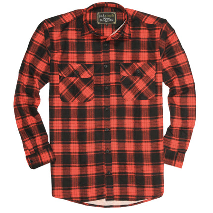 Mens Flannelette Long Sleeve Shirt 100% Cotton Check Authentic Flannel - Full Placket - Red - S