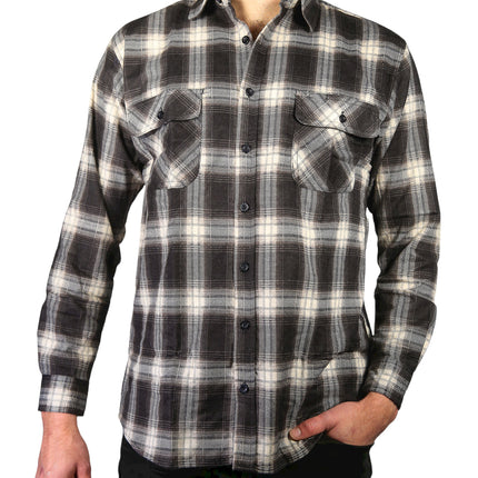 Mens Flannelette Long Sleeve Shirt 100% Cotton Check Authentic Flannel - Full Placket - Black - L
