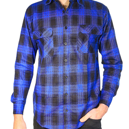 Mens Flannelette Long Sleeve Shirt 100% Cotton Check Authentic Flannel - Full Placket - Royal Blue  - 3XL