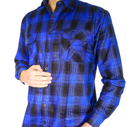Mens Flannelette Long Sleeve Shirt 100% Cotton Check Authentic Flannel - Full Placket - Royal Blue  - L