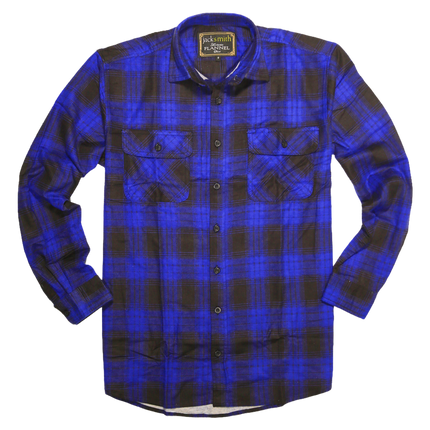 Mens Flannelette Long Sleeve Shirt 100% Cotton Check Authentic Flannel - Full Placket - Royal Blue  - L