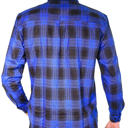 Mens Flannelette Long Sleeve Shirt 100% Cotton Check Authentic Flannel - Full Placket - Royal Blue  - M