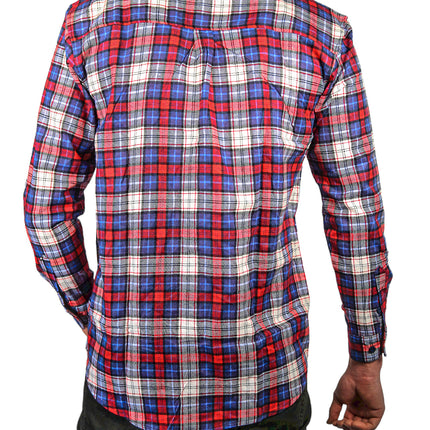 Mens Flannelette Long Sleeve Shirt 100% Cotton Check Authentic Flannel - Full Placket - Navy/Red/White - M