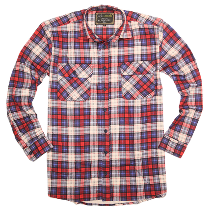 Mens Flannelette Long Sleeve Shirt 100% Cotton Check Authentic Flannel - Full Placket - Navy/Red/White - S