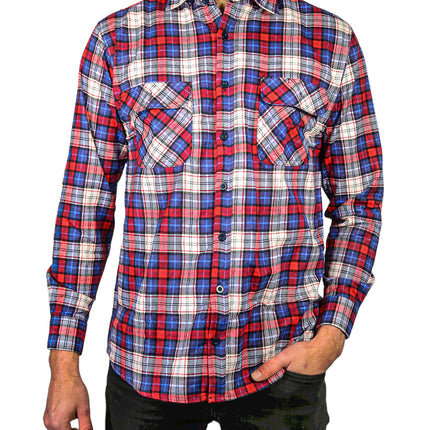 Mens Flannelette Long Sleeve Shirt 100% Cotton Check Authentic Flannel - Full Placket - Navy/Red/White - XL