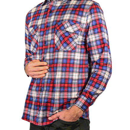 Mens Flannelette Long Sleeve Shirt 100% Cotton Check Authentic Flannel - Full Placket - Navy/Red/White - XL