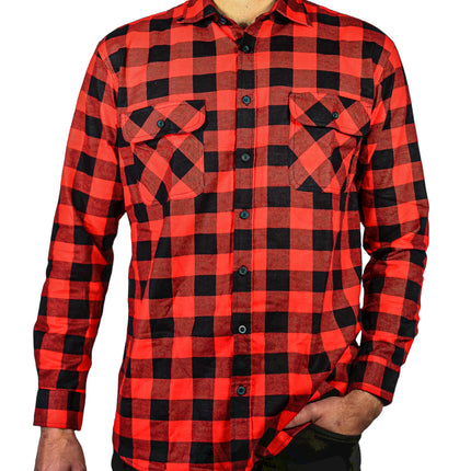 Mens 100% Cotton Flannelette Shirt Long Sleeve Check Authentic Flannel - Red/Black - XL