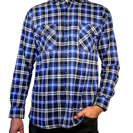 Mens 100% Cotton Flannelette Shirt Long Sleeve Check Authentic Flannel - Denim - L