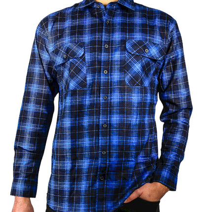 Mens 100% Cotton Flannelette Shirt Long Sleeve Check Authentic Flannel - Blue - 4XL